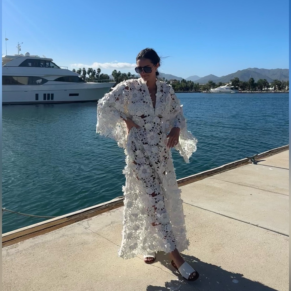 La Vie Style House Floral-Lace Caftan Midi-Dress